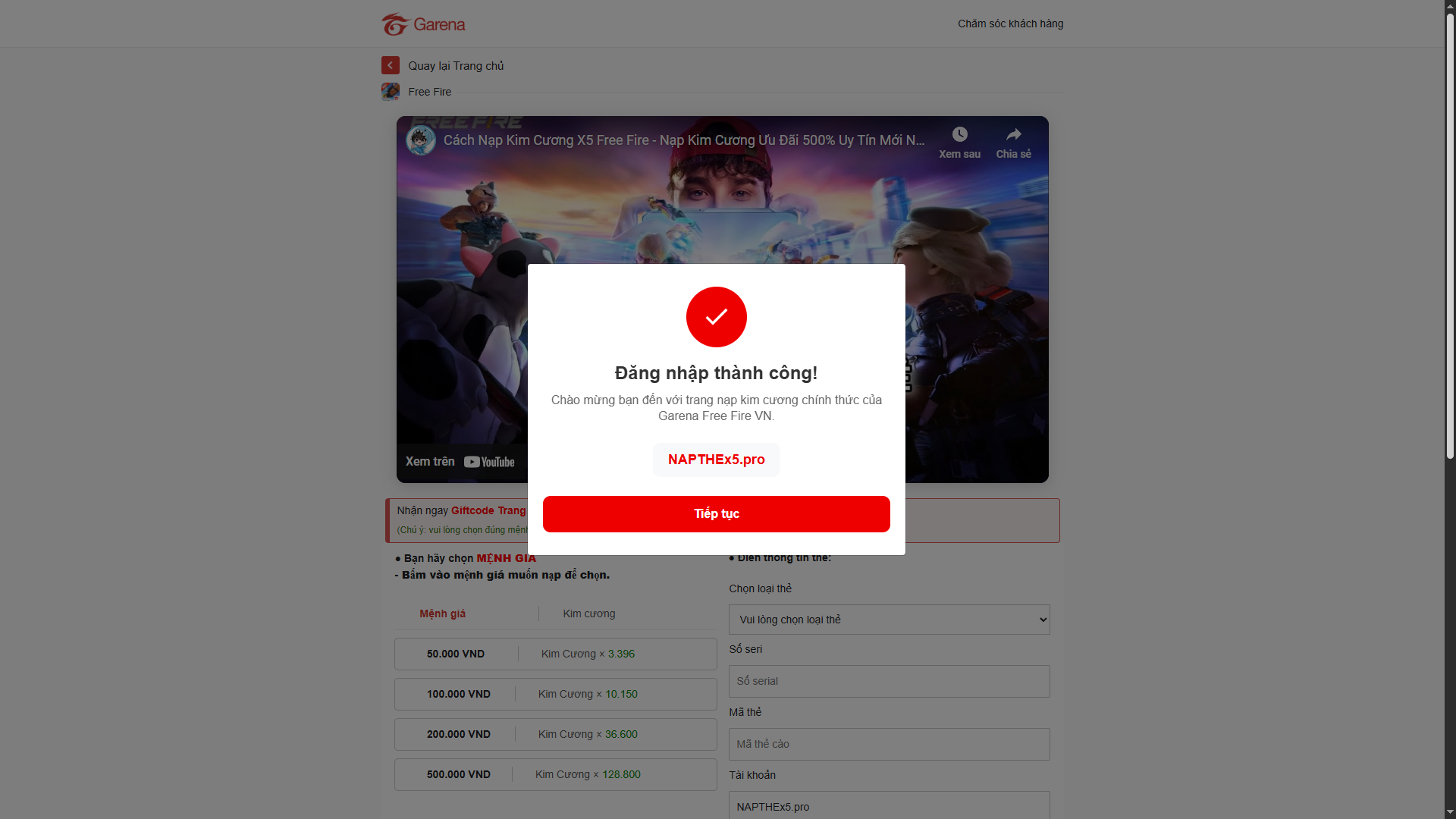 Sharecode Phishing Thẻ FF Có Check user