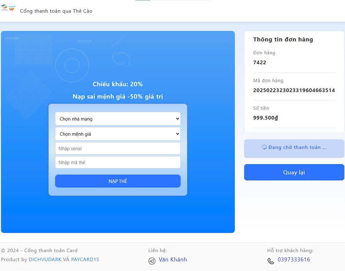 Code thanh toán thẻ cào cho web vpn 4g